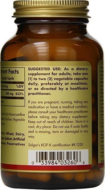 Solgar Vitamin C Βιταμίνη για Ενίσχυση του Ανοσοποιητικού, τo Δέρμα & Αντιοξειδωτική δράση 500mg 100 φυτικές κάψουλες - Image 2