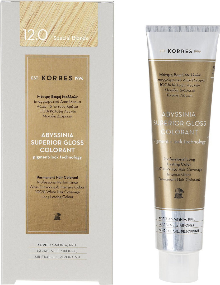 Korres Abyssinia Superior Gloss Colorant Βαφή Μαλλιών Χωρίς Αμμωνία 12.0 Special Blonde 50ml