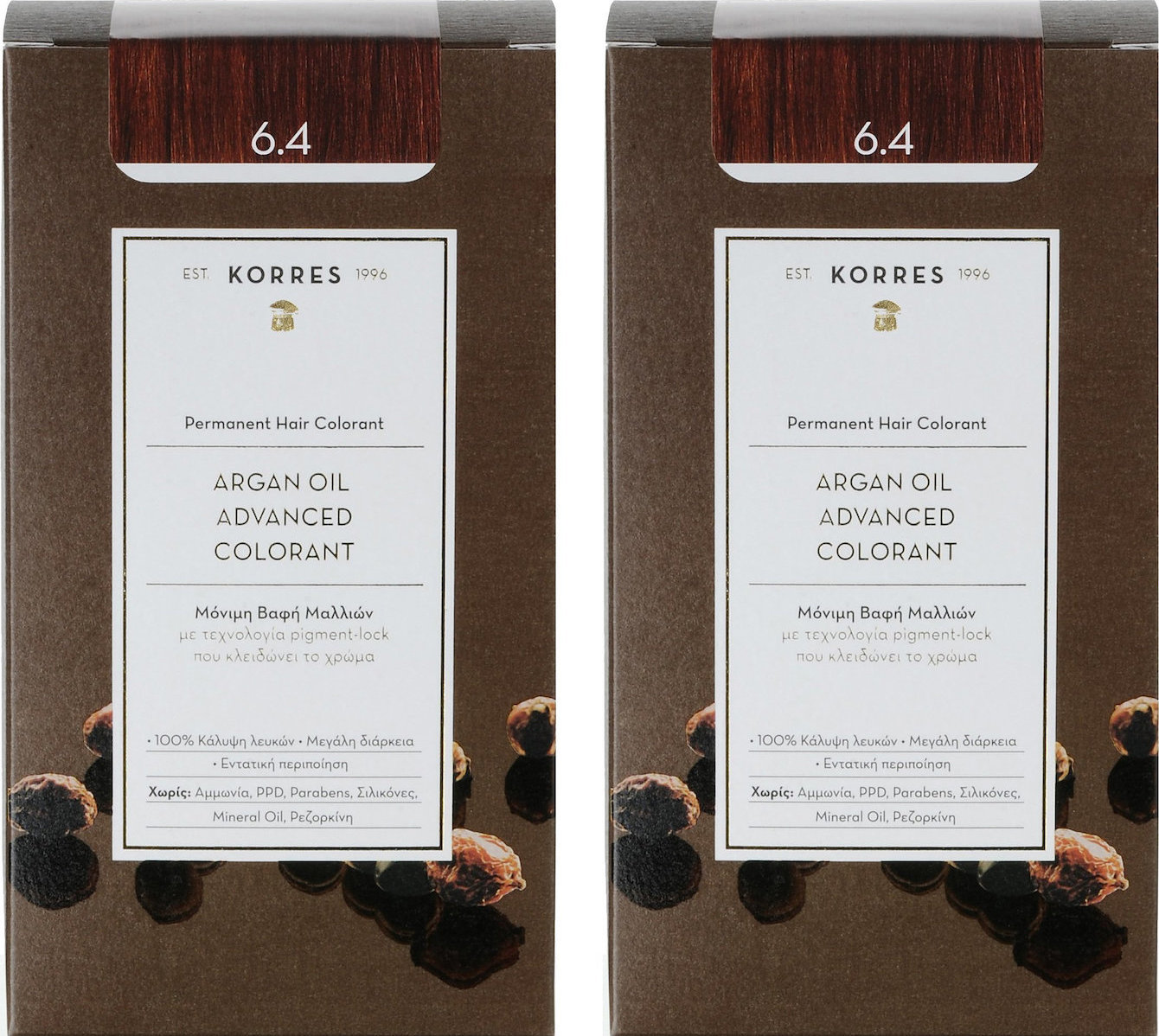 Korres Argan Oil Advanced Colorant Βαφή Μαλλιών Χωρίς Αμμωνία 6.4 Ξανθό Σκούρο Χαλκίνο 2x50ml