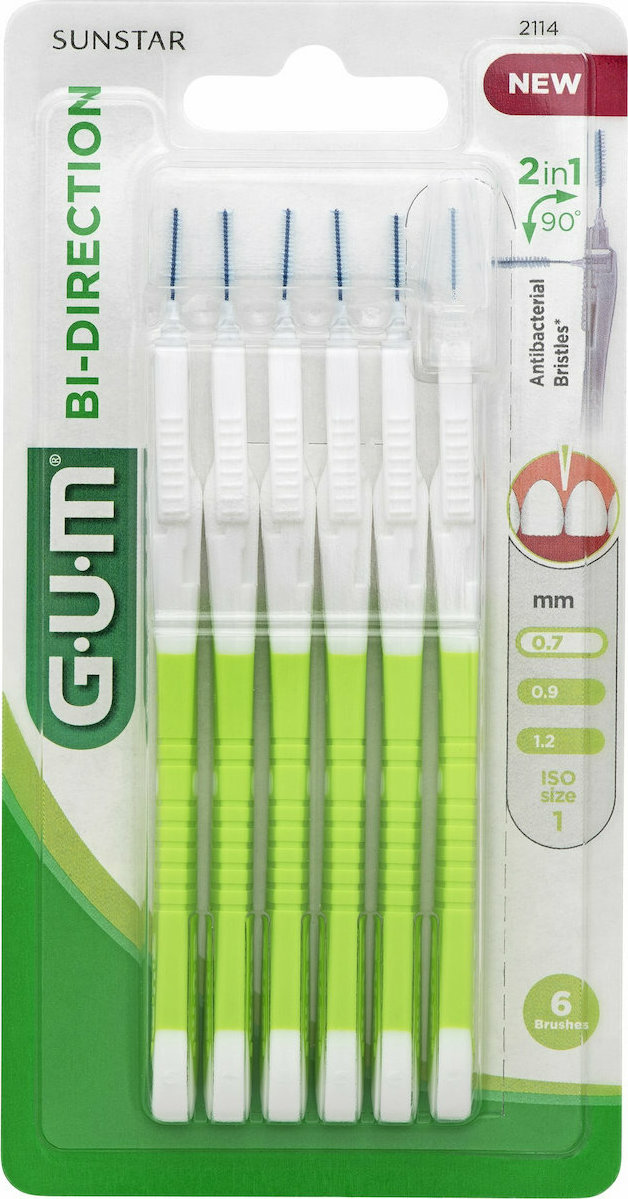 GUM Bi-Direction Μεσοδόντια Βουρτσάκια με Λαβή 0.7mm Πράσινα 6τμχ