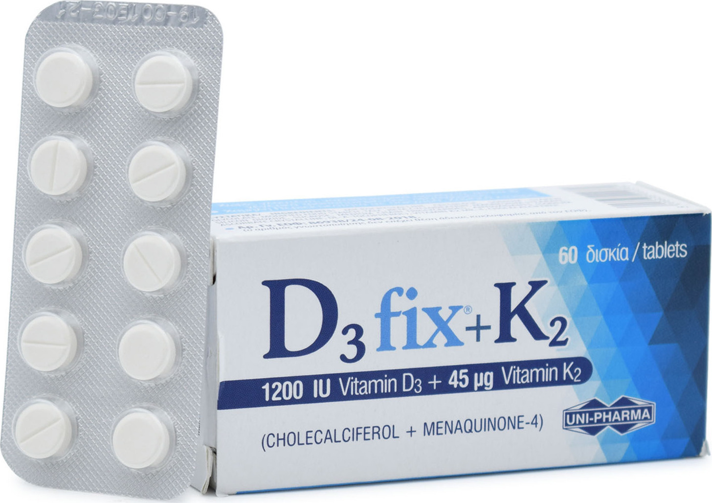 UNI-PHARMA D3 Fix + K2 Βιταμίνη για Ενίσχυση του Ανοσοποιητικού & την Υγεία των Οστών 1200iu 45mcg 60 ταμπλέτες