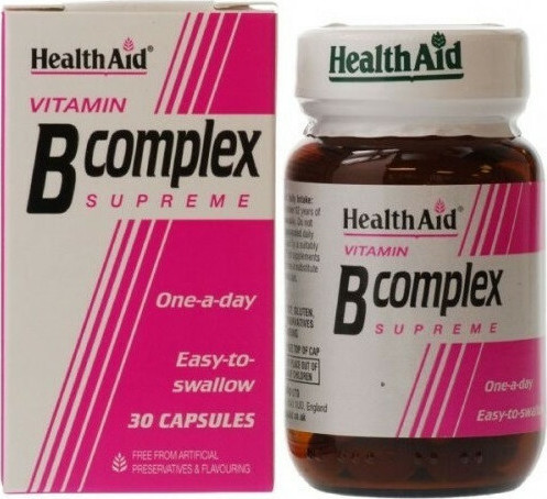 Health Aid Vitamin B Complex Supreme 30 caps Βιταμίνη για Ενέργεια, Ενίσχυση του Ανοσοποιητικού & το Νευρικό Σύστημα 30 x 1 κάψουλες