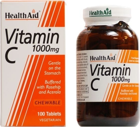 Health Aid Vitamin C Rosehip & Acerola 1000mg 100tabs Βιταμίνη για Ενίσχυση του Ανοσοποιητικού, τo Δέρμα & Αντιοξειδωτική δράση 500mg 100 μασώμενες ταμπλέτες