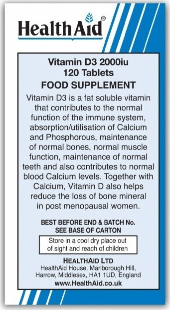 Health Aid Vitamin D3 Βιταμίνη για Ενίσχυση του Ανοσοποιητικού & την Υγεία των Οστών 2000iu 120 φυτικές κάψουλες - Image 3