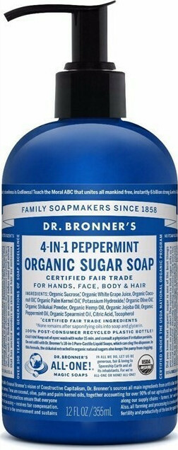 Dr Bronner's 4 In 1 Peppermint Organic Αφρόλουτρο για Πρόσωπο, Μαλλιά, Χέρια & Σώμα 355ml