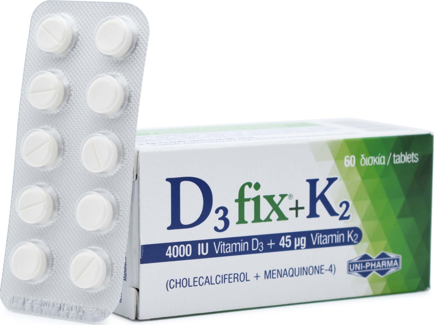 UNI-PHARMA D3 Fix + K2 Βιταμίνη για Ενίσχυση του Ανοσοποιητικού & την Υγεία των Οστών 4000iu 45mcg 60 ταμπλέτες - Image 2