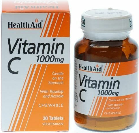 Health Aid Vitamin C Βιταμίνη για Ενίσχυση του Ανοσοποιητικού, τo Δέρμα & Αντιοξειδωτική δράση 1000mg Πορτοκάλι 30 μασώμενες ταμπλέτες