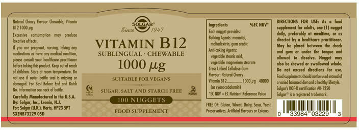 Solgar Vitamin B12 Βιταμίνη για την Υγεία του Νευρικού Συστήματος 1000mcg 100 υπογλώσσια δισκία - Image 5