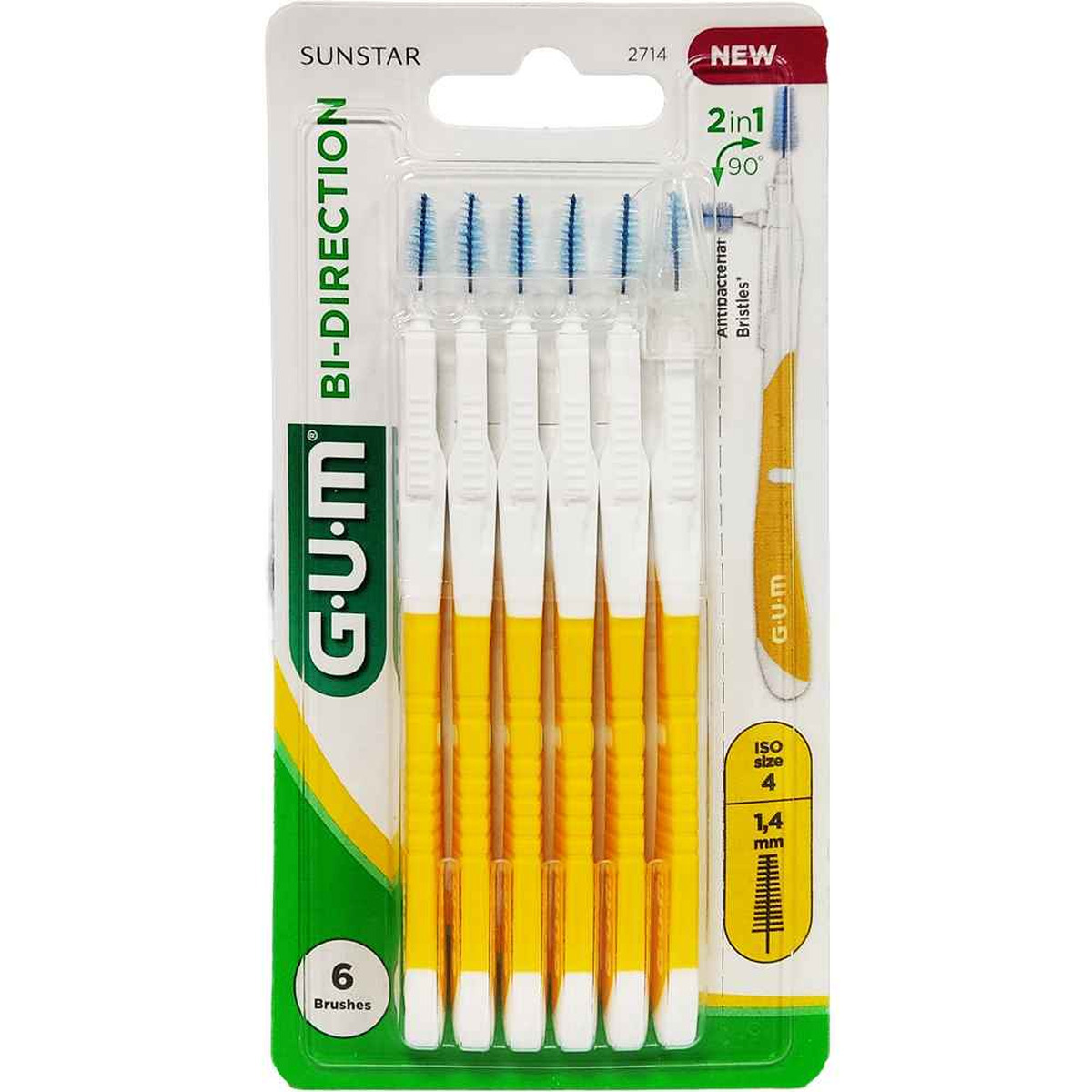 GUM Bi-direction Μεσοδόντια Βουρτσάκια με Λαβή 1.4mm Κίτρινα 6τμχ