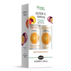 Power Of Nature Ester C & Vitamin C 500mg Βιταμίνη για Ενίσχυση του Ανοσοποιητικού, τo Δέρμα & Αντιοξειδωτική δράση 1000mg Ροδάκινο Πορτοκάλι 40 αναβράζοντα δισκία