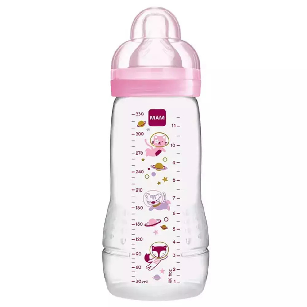 Mam Πλαστικό Μπιμπερό Easy Active Κατά των Κολικών με Θηλή Σιλικόνης για 4+ μηνών Ροζ Αστροναύτες 330ml 361S