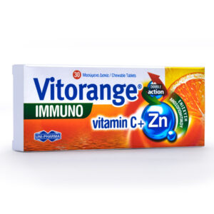 UNI-PHARMA Vitorange Immuno Vitamin C + Zn Πολυβιταμίνη για Ενέργεια & Ενίσχυση του Ανοσοποιητικού Πορτοκάλι 30 μασώμενες ταμπλέτες